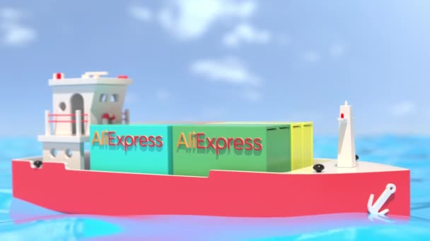 Игрушечное грузовое судно доставляет контейнеры с логотипом AliExpress. Редакционная концептуальная петля 3D анимации — стоковое видео
