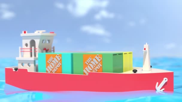 Kleines Frachtschiff liefert Container mit dem Home Depot-Logo aus. Redaktionelle konzeptionelle 3D-Animation — Stockvideo