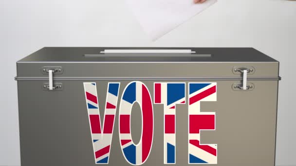 Κουτί ψηφοδελτίων με σημαία Ηνωμένου Βασιλείου και λέξη VOTE, σχετικό με την ψηφοφορία κλιπ — Αρχείο Βίντεο