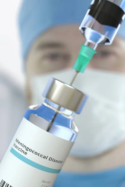 Medizinische Flasche mit Meningokokken-Impfstoff und Spritze gegen verschwommenes Arztgesicht, 3D-Rendering — Stockfoto
