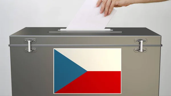 Mano poniendo papeleta de papel en las urnas con bandera de la República Checa. Elección relacionada 3d rendering — Foto de Stock