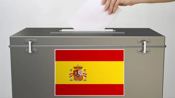 Mano poniendo papeleta en urna con bandera de España. Elección relacionada 3d rendering — Foto de Stock