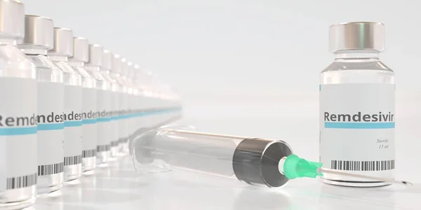 Vials mit Remdesivir, einem möglichen COVID-19 Coronavirus-Impfstoff und einer Spritze. 3D-Rendering — Stockfoto