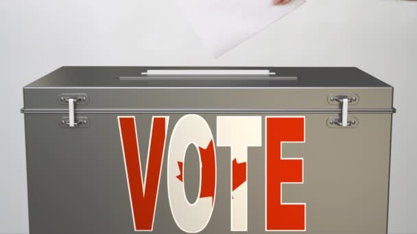 Текст на урне для голосования с флагом Канады. Клип по выборам — стоковое видео