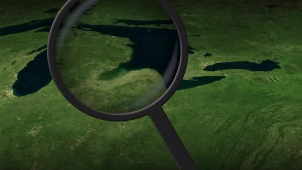 Loupe hittar Detroit stad på kartan, 3D-rendering — Stockvideo