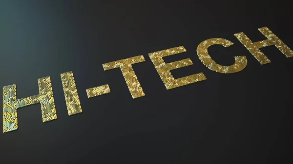 Gold biegende Drähte bilden HI-TECH Wort, 3D-Rendering — Stockfoto