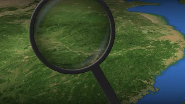 Loupe encuentra la ciudad de Nanchang en el mapa, representación 3D — Vídeo de stock