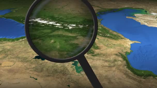 Magnifying glass finds Yerevan city on the map, 3d rendering — Stock Video