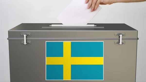 İsveç bayrağı oy sandığında ve elle kağıt oylama, 3D sunum — Stok fotoğraf
