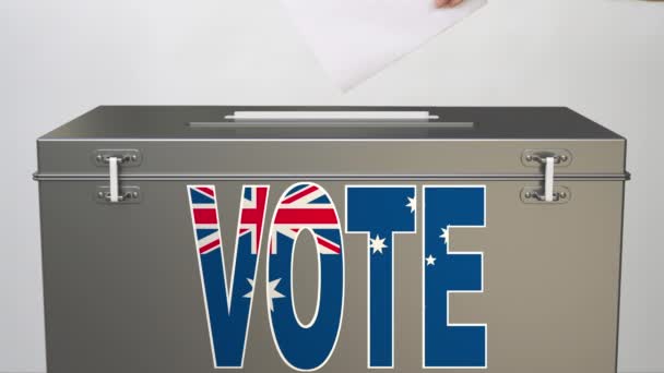 Avustralya bayrağıyla birlikte oy sandığının üzerinde VOTE metni. Seçimle ilgili klip — Stok video