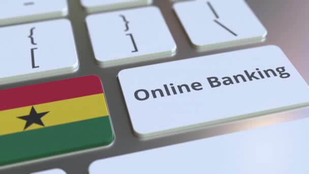 Online Banking testo e bandiera del Ghana sulla tastiera. Animazione concettuale 3D relativa alla finanza su Internet — Video Stock