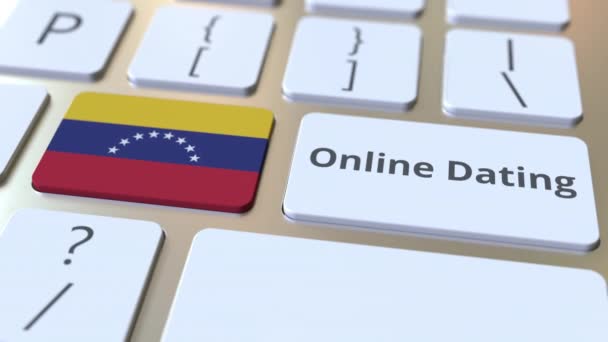 Текст онлайн датування та прапор Венесуели на клавішних. Концептуальна 3D-анімація — стокове відео