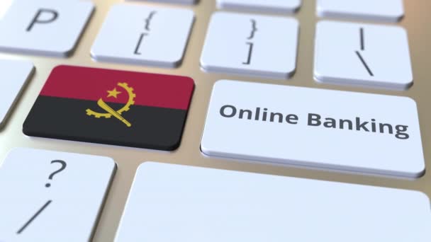 온라인 뱅킹 텍스트 및 키보드에 앙골라의 깃발. 인터넷 금융은 개념적 3D 애니메이션 과 관련 이 있습니다. — 비디오