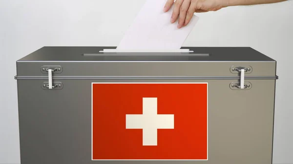 ( 영어 ) Flag of Switzerland on ballot box and hand pointing paper ballot, 3d rendering — 스톡 사진