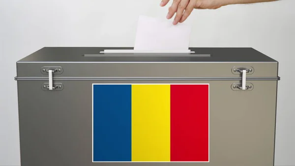 Stembus met vlag van Roemenië, verkiezingsgerelateerde 3d-weergave — Stockfoto