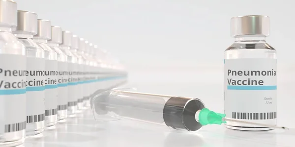 Vials mit Lungenentzündungsimpfung und Spritze. 3D-Rendering — Stockfoto