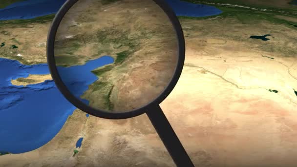 Lupa encuentra la ciudad de Homs en el mapa, representación 3D — Vídeo de stock