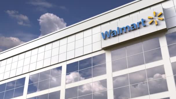 Walmart logotyp ovanpå en modern byggnad. Redaktionell konceptuell 3D-animation — Stockvideo