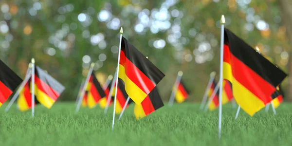 Флаги Германии в траве. 3D рендеринг, связанный с государственным праздником — стоковое фото