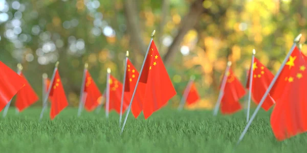Pequenas bandeiras nacionais da China na grama. Renderização 3D relacionada à celebração — Fotografia de Stock