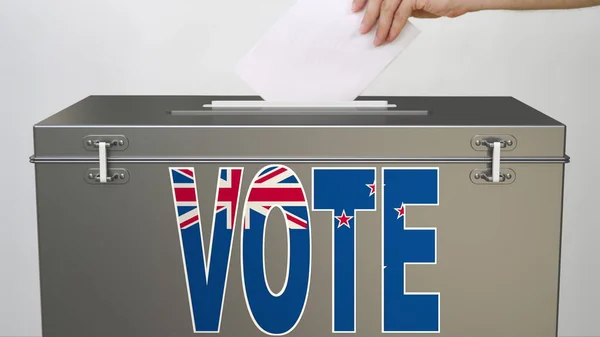 Hlasovací urna s vlajkou Nového Zélandu a VOTE slovo, hlasování související 3d vykreslování — Stock fotografie