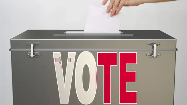 Mano con papel y urna con bandera de Malta, representación 3d relacionada con las elecciones — Foto de Stock