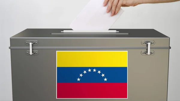 Mano poniendo papeleta en urna con bandera de Venezuela. Elección relacionada 3d rendering — Foto de Stock