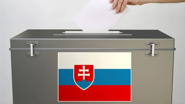 Slovakya bayrağı taşıyan oy sandığı, seçimlerle ilgili 3D görüntüleme — Stok fotoğraf