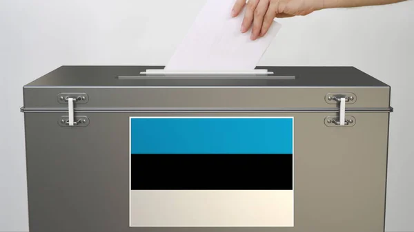 Hand legt Stimmzettel in die Wahlurne mit der Flagge Estlands. Wahlbezogene 3D-Darstellung — Stockfoto