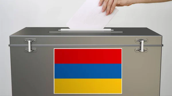Vlag van Armenië op stembus en met de hand zetten van papier stembiljet, 3d rendering — Stockfoto