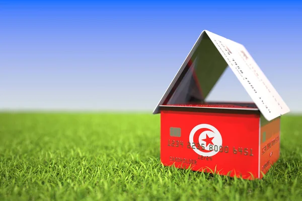 National flag of Tunisia on bank card house in the grass. Home loans related 3D rendering — Stock Photo, Image