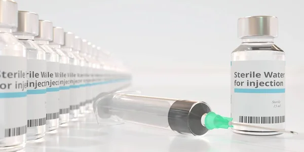 Medizinische Flaschen mit sterilem Wasser für Injektion und Spritze, 3D-Rendering — Stockfoto
