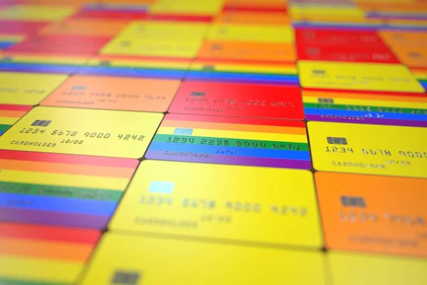 Bandera arco iris LGBTQ en tarjetas bancarias, datos ficticios. Renderizado 3D —  Fotos de Stock