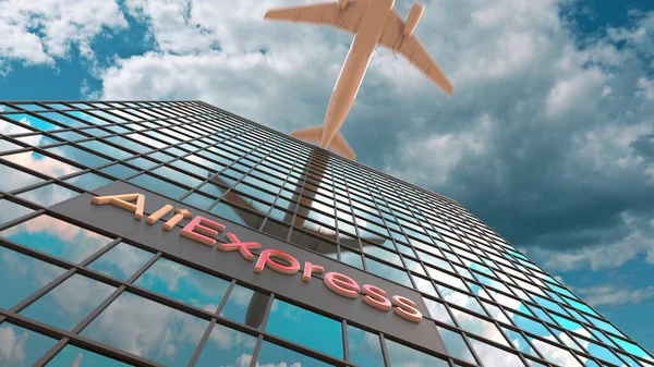 AliExpress-Logo auf einem modernen Wolkenkratzer, der Wolken und fliegende Flugzeuge reflektiert. Redaktionelle konzeptionelle 3D-Darstellung — Stockfoto