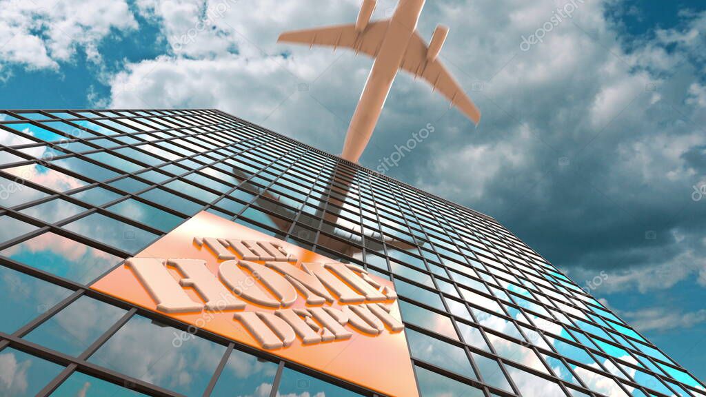 Logo on a modern building reflecting clouds and flying airplane