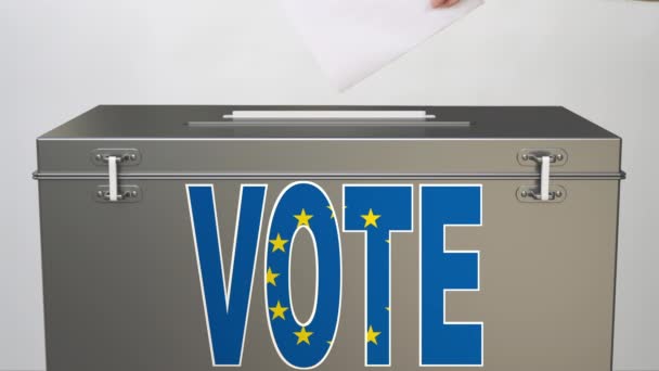 Избирательная урна с флагом ЕС и VOTE слова, связанных с голосованием клип — стоковое видео