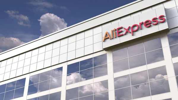 AliExpress logo na vrcholu moderní budovy. Redakční koncepční 3D vykreslování — Stock fotografie