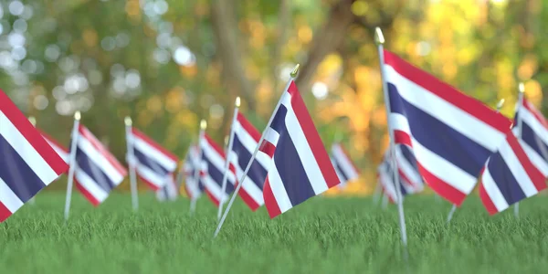 Banderas pequeñas de Tailandia en la hierba. Renderizado en 3D relacionado con vacaciones nacionales — Foto de Stock