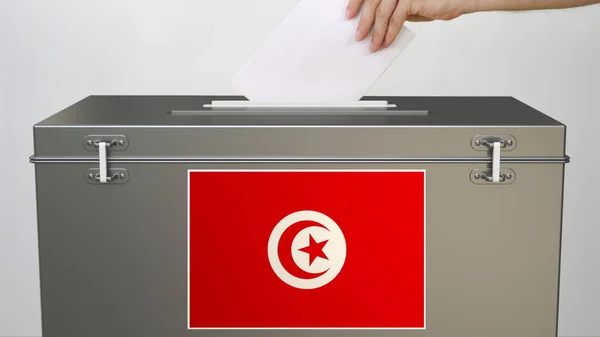 Szavazóurna Tunézia zászlajával, a választással kapcsolatos 3d tetemeltakarítás — Stock Fotó
