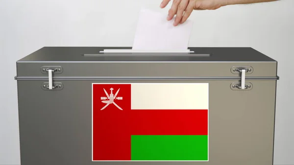 Stimmzettel mit der Flagge des Oman in die Wahlurne werfen. Abstimmung im Zusammenhang mit 3D-Rendering — Stockfoto