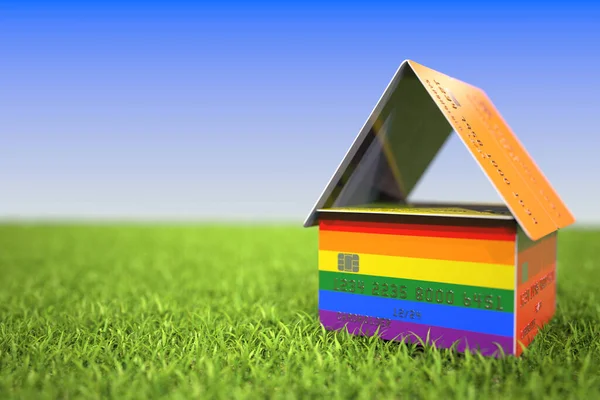 Bandera arco iris LGBTQ en casa de tarjetas bancarias, datos ficticios. Renderizado 3D —  Fotos de Stock