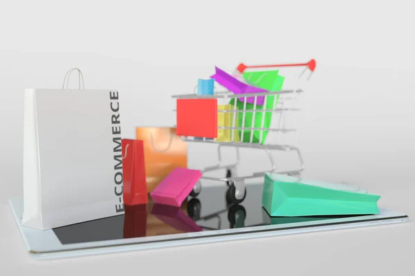 Корзина на планшетном компьютере и бумажный пакет с текстом E-COMMERCE. 3D рендеринг — стоковое фото