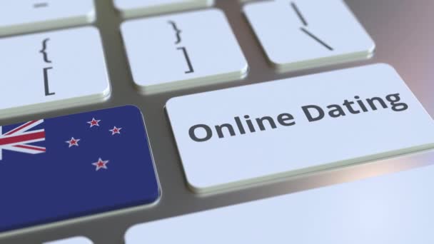 Online Randki tekst i flaga Nowa Zelandia na klawiaturze. Konceptualna animacja 3D — Wideo stockowe