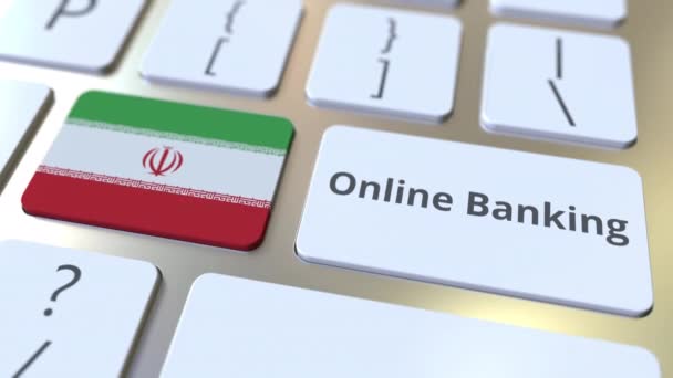 Текст онлайн-банкінгу та прапор Ірану на клавіатурі. Інтернет-фінанси пов'язані концептуальна 3D анімація — стокове відео