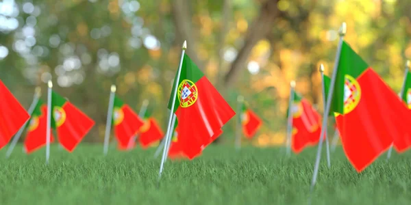 Portugiesische Flaggen im Gras. 3D-Rendering zum Nationalfeiertag — Stockfoto