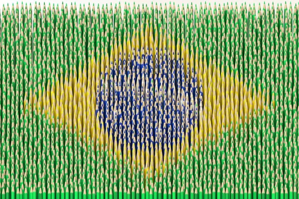 Brazilská národní vlajka vyrobená z barevných tužek. 3D vykreslování související s kreativitou — Stock fotografie