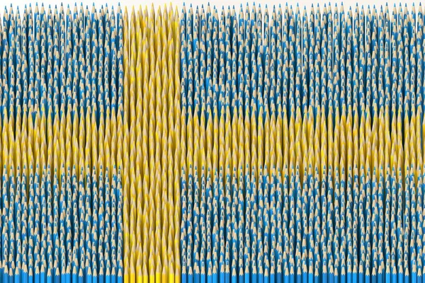 Švédská národní vlajka vyrobená z barevných tužek. 3D vykreslování související s kreativitou — Stock fotografie