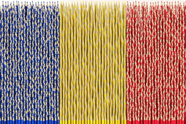 Rumunská národní vlajka z barevných tužek. 3D vykreslování související s kreativitou — Stock fotografie