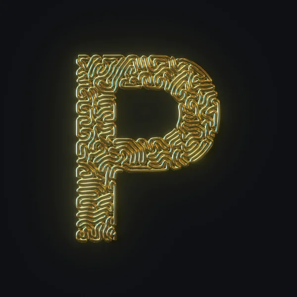 Высокое разрешение буква P символ, образованный из золотой изогнутой проволоки. 3D рендеринг — стоковое фото