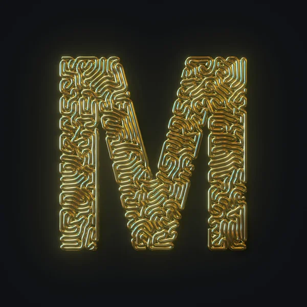 高分辨率字母M符号由金线弯曲而成.3D渲染 — 图库照片